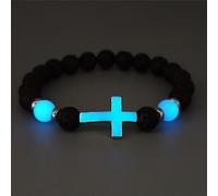 8 mm Natural Volcanic Stone Bracelets for Men,Luminous Cross Bracelets,Healing Crystal Elastic Stretch Beads Bracelet,Religion Holy Communion Bracelet for Women