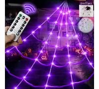 8 Modes 20 * 17FT Halloween Spider Web 150 Led Purple Lights Light Up Lighted Triangular Giant Battery Operated Waterproof with 200sqft Cobweb and 20 Small Spiders for Indoor and Outdoor Decoration