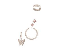 8 Other Reasons Wicked Happy Now Set 5pc Earring Set - Butterfly & Crystal Ear Hoops with Pink Cushion Studs & Ear Cuff, 14K Gold Plated Layered Jewelry
