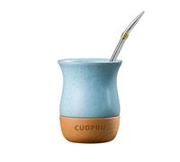 8 OZ Ceramic Yerba Mate Cup with Original Wood Base, Includes Mate Gourd, Bombilla Straw and Cleaning Brush - Perfect for Traditional Yerba Mate and Modern Style Drinking Mug (Blue)