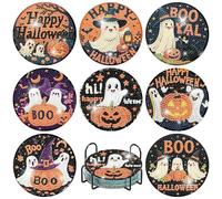 8 P Halloween Diamond Art Coaster Kits for Adults, ghost Diamond Art Painting Coasters with Holder, Crafts Kits for DIY Coasters, Non Slip Coaster Crystal Sticky for Tabletop Protection and Present