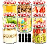 8 Pack 280ml Glass Jam Jars with Red Gingham Lids & Labels, Hexagonal Airtight Preserving Jars, Overnight Oats Jar, Clear Glass Storage Jars for Jam, Pickles, Chutney, Honey, Coffee & Bulk Foods