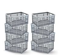 Foldable Plastic Storage Crate Box 32L - Stackable Collapsible Basket for Home, Office & Car Boot Organisation - Durable Folding Container for Storage, Shopping, Laundry & Garage Use - Grey (8)