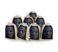 8 Pack 3D Colorful Tiki Mask Pattern Muslin Bags 5x7 Inch Cotton Linen Drawstring Pouches for Gifts Jewelry Wedding Favors Party Reusable Cloth Storage Sacks with Double Strings for Jewelry DIY Crafts