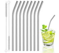 8 Pack 5 Inch/12.5x0.6cm Short Bent Metal Cocktails Straws Reusable Metal Stainless Steel Bar Drinking Straws Set with 2 Cleaning Brushes for Coffee Mugs, Small Glasses or Cups