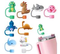 8 Pack Animal Straw Cover Cap for Stanley Cup 30&40 Oz Tumbler, Silicone Straw Topper Protector Lid in Various Shapes, Reusable Cute Dinosaurs Covers for 0.4 Inch/10 mm Straws