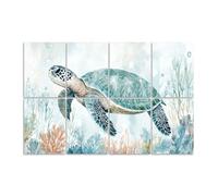 8 Pack Art Acoustic Panels Sound Absorbing Sea Turtle Teal Coral Seaweed Bubbles Ocean Watercolor Hand Nature Decorative Soundproof Wall Panels Self Adhesive for Recording Studios Office 48"x32"