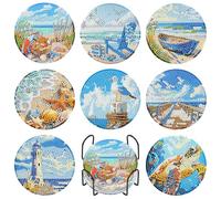 8 Pack Beach Diamond Art Coasters Set with Holder and Cork Backing