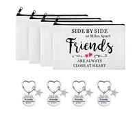 8 Pack Best Friend Birthday Gifts for Women Side by Side or Miles Apart Friends 4pcs Friendship Makeup Bags Canvas Cosmetic Bag and 4pcs Friends Keychain Birthday Christmas Gifts for Friend BFF, White
