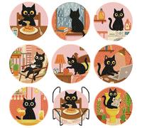 8 Pack Black Cat Diamond Art Coasters Set with Holder and Cork Backing