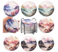 8 Pack Ceramic Marble Coasters with Holder, Round Absorbent Coaster for Drinks, Tabletop Protection Bar Cup Coasters with 4 Patterns for Coffee Table, Desk, Lounge, Home Decor (Ink Wash Pattern)