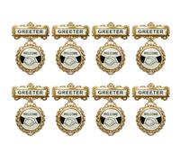 8 Pack Church Greeter Badges Multipack, Pin Back Gold Tone Fancy Round Welcome Badge for Church Leadership, Reusable Name Badges for Greeters, Ushers, and Choir