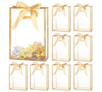 8 Pack Clear Gifts Bag Plastic Tote Bags with Gold Ribbon Bow Reusable PP Gift Bag for Christmas Wedding Bridal Birthday Party Small Business(Gold)