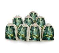 8 Pack Cotton Drawstring Bags, Reusable Linen Gift Bags 4.9x6.7 Inches Storage Bag Enchanted Wilderness Fantasy on Dark Green Gift Pouches Sachet for Jewelry Party Favors Wrapping DIY Christmas Gifts