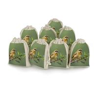 8 Pack Cotton Drawstring Bags, Reusable Linen Gift Bags 4.9x6.7 Inches Storage Bag Outdoor Olive Green Flowering Birds Gift Pouches Sachet for Jewelry Party Favors Wrapping DIY Christmas Gifts Candy B