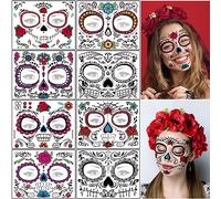8 Pack Day of The Dead Sugar Skull Face Temporary Tattoo Halloween Makeup Tattoo Stickers for Halloween Masquerade Party