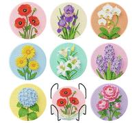 8 Pack Flowers Diamond Art Coasters Set with Holder and Cork Backing