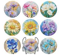 8 Pack Flowers Diamond Art Coasters Set with Holder and Cork Backing