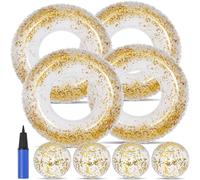 8 Pack Glitter Inflatable Pool Float Tube 4 Pcs 31.5 Inch Golden Swim Rings 4 Pcs 11 inch Glitter Beach Balls with Air Pump Summer Pool Beach Hawaiian Outdoor Party Decorations Supplies