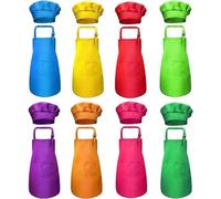 8 Pack Kids Aprons for Baking Set, Children Aprons and Chef Hat Bulk, Children Adjustable Chef Apron with Pocketed for Boys Girl's Kitchen Cooking Baking Painting Wear (7-13 years)