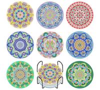8 Pack Mandala Diamond Art Coasters Set with Holder and Cork Backing