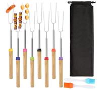 8 Pack Marshmallow Toasting Forks Kit Barbecue Forks Smores Kit with Silicone Grill Brushes,Extendable Stainless Steel Fork with Birch Handle U Shape Fork for Barbecue Camping Picnic(31-81cm)