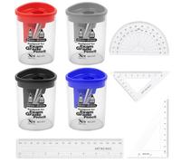 8 Pack Pencil Sharpener with Container, Compact Manual Pencil Sharpeners for School, Office, Makeup Pencils, Includes 4 Rulers (15 Cm Straight Edge, 180 Degree Protractor, 45 & 60 Degree Triangles)