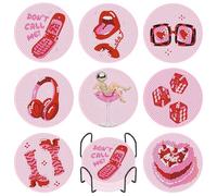 8 Pack Pink Diamond Art Coasters Set with Holder and Cork Backing