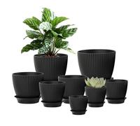 8 Pack Plant Pots Indoor: Plastic Flower Pots with Drainage Holes and Tray, Modern Decorative Planter for House Plants + Multiple Sizes and Saucers, Stripe Grooves Design for Succulents Cactus Bonsai