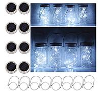 8 Pack Solar Mason Jar Lids Lights, 20 LED Waterproof Fairy Firefly String Lights with 8 Hangers (Jars Not Included), for Wedding, Outdoor, Lawn, Patio, Garden, Party, Christmas Decor (Cold White)