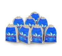 8 Pack Sydney Opera House Blue Night Muslin Bags 5x7 Inch Cotton Linen Drawstring Pouches for Gifts Jewelry Wedding Favors Party Reusable Cloth Storage Sacks with Double Strings for Jewelry DIY Crafts