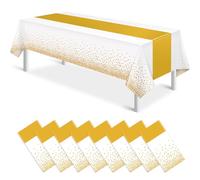 8 Pack White Gold Tablecloth with Printed Gold Runner, 108x54 Inch Disposable Plastic Table Cloth, Wipeable Waterproof Table Cover for Birthday Wedding Christening Baptism Anniversary Party Decoration