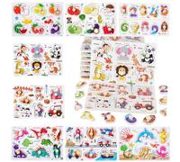 8 Pack Wooden Peg Puzzles for Toddlers 1-3, Kids' Educational Preschool Peg Puzzle Toy, Toddler Puzzles -Animal, Traffic,Number, Dinosaur, Vegetable and Fruit, Gift for Ages 1 2 3 Boys and Girls