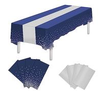 8 Packs Disposable Rectangle Tablecloth and Satin Table Runner, Blue and Silver Plastic Table Cloths for Parties Table Cover for Baby Shower Birthday Wedding Anniversary Holiday Party Decorations