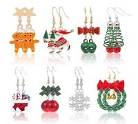 8 Pairs Christmas Hoop Dangle Earrings for Women Girls, Drop Earrings with Snowflake Bell Xmas Tree Dangle Red Reindeer Santa Hat Socks Stud Earrings, Gold Plated Christmas Earrings Set