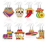 8 Pairs Cinco De Mayo Earrings Mexican Earrings for Women Fiesta Acrylic Earrings Double Side Design Piñata Sombrero Chili Pepper Avocado Earrings Holiday Jewelry Gifts