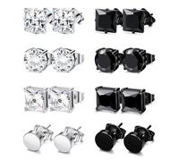 8 Pairs Mens Stud Earrings, Stainless Steel Men Earrings Boys Earrings 6/8mm Black Silver Earrings Studs Hypoallergenic Zircon Studs for Men Boy Gift for Birthday Father's Day(Black+Silver-6mm)
