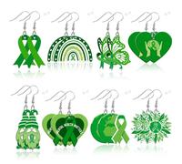 8 Pairs Mental Health Awareness Earrings for Women Green Ribbon Acrylic Double Side Design Dangle Earrings