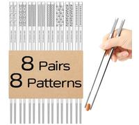 8 Pairs Metal Chopsticks Reusable 18/10 Stainless Steel Chopsticks Set Cute Laser Engraved Non-Slip Japanese Korean Chinese Chopstick for Cooking Eating Dishwasher Safe 9.25" Chop Sticks Gift Set
