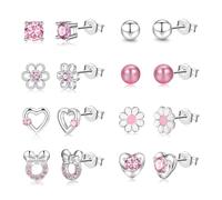 8 Pairs Pink Stud Earrings for Girls 925 Sterling Silver Stud Sets Cute Kids Girl Earrings Heart Cubic Zirconia Hypoallergenic Sleeper Silver Earrings for Girls