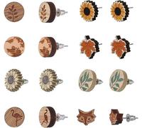 8 Pairs Wooden Stud Earring Set Natural Wood Charms Bulk Flat Round Leaf Sunflower Fox Flamingo for Women DIY Jewelry Making Kit