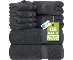 8 Pc Grey Towel Set - 2 Bath, 2 Hand, 4 Washcloths, 100% Cotton, Soft &