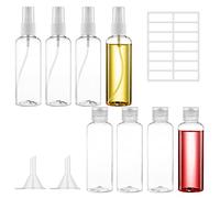 8 Pcs 100ml Plastic Bottles Travel Bottles for Toiletries, Refillable Transparent Liquid Containers Bottle with Funnels and Labels for Travel or Cosmetic (4 spray bottles Perfume +4 Flip Cap Bottles)