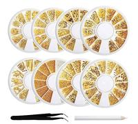 8 Pcs 3D Nail Charms Set Gold Metal Nail Studs & Decoration with 1 Tweezers and 1 Wax Pen