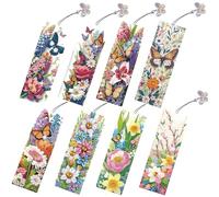 8 Pcs 5D Diamond Art Bookmarks for Reading Lovers, Handmade DIY Diamond Painting Bookmarks with Tassels, Gift for Graduation Birthday (Flower)