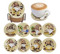 8 Pcs 5D Diamond Art Coasters Kits with Holder, Gnome Coffee Diamond Art Coaster Set for Adults & Kids, Paint with Diamonds Coasters Craft Supplies for Holiday Decor Gifts