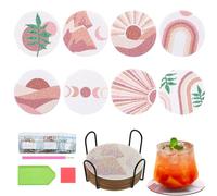 8 Pcs 5D Full Round Drill Diamond Painting Coasters with Holder-Abstract Plant Themed Diamond Art Kits, Non-Slip 4x4 Inch Coasters for Adults Kids Beginners, Tabletop Protection & Gift