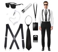 8 Pcs Agent Costume Accessories, Black Mens Costume Accessories Include Black Sunglasses Necktie Y-Suspender Earpiece ID Card Holder Flashlight, Secret Agent Dress Up for Women Men Carnival Halloween