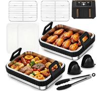8-Pcs Air Fryer Stainless Steel Baking Trays Set,Baking Tray with Rack for NINJA Dual Zone Air Fryer AF400UK/DZ400UK,SL400UK,KEPLIN,EMtronics,Removable Silicone Ring Air fryer accessories Dishwasher