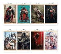 8 PCS Ancient Christ Warrior Wall Art Posters and Prints Wall Hanging Flag Vintage Knights Templar Canvas Art Scroll Painting with Solid Wood Axis for Home Decor (40X60 CM)